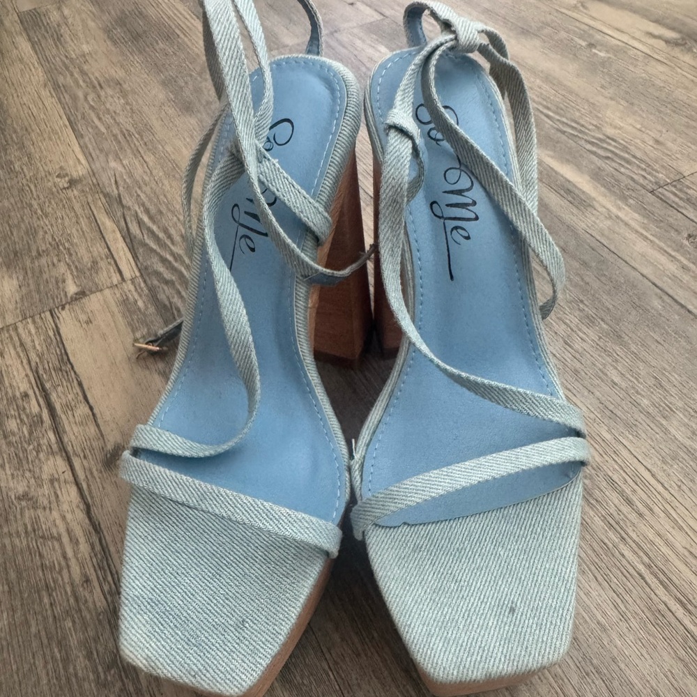So Me Light Blue Denim Tie-Up Block Heel Sandals